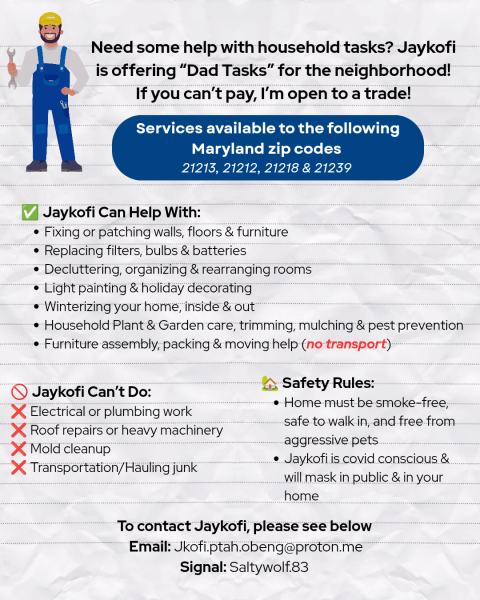 Dad tasks! Let me help improve your home/living situation, and make it safer.